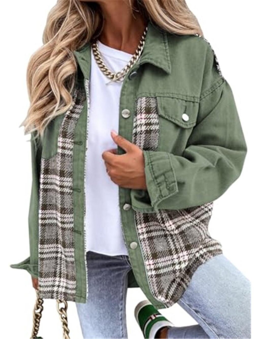 Oversized Plaid Denim Jacket Distressed Jean Jacket Button Front Shacket
